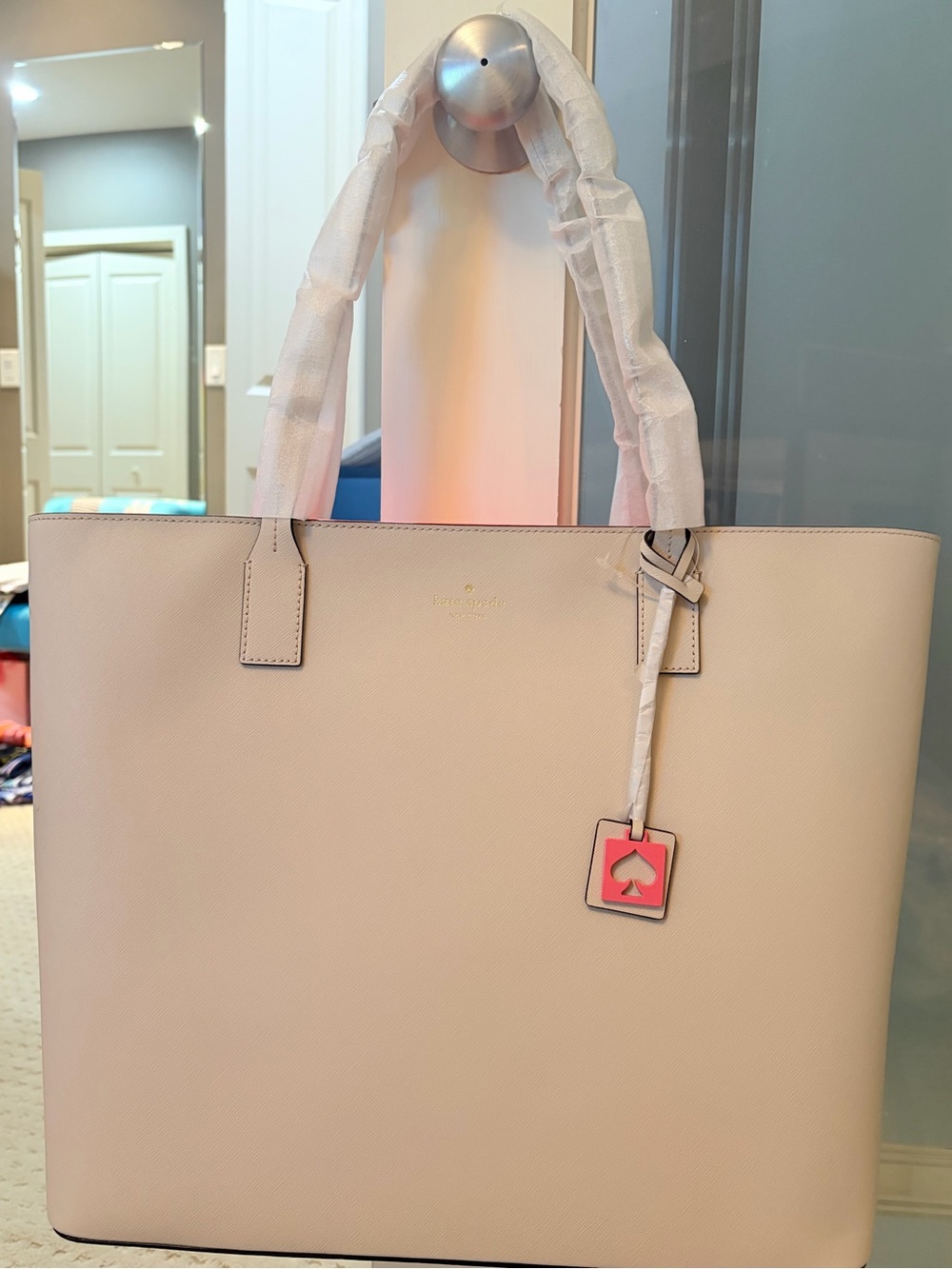 kate spade travel tote in light bone Saffiano Leather w pink leather top